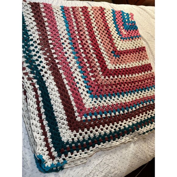 VTG Handmade Crochet Granny Square Afghan Blanket Pink Blue White Cozy Home - Picture 15 of 16